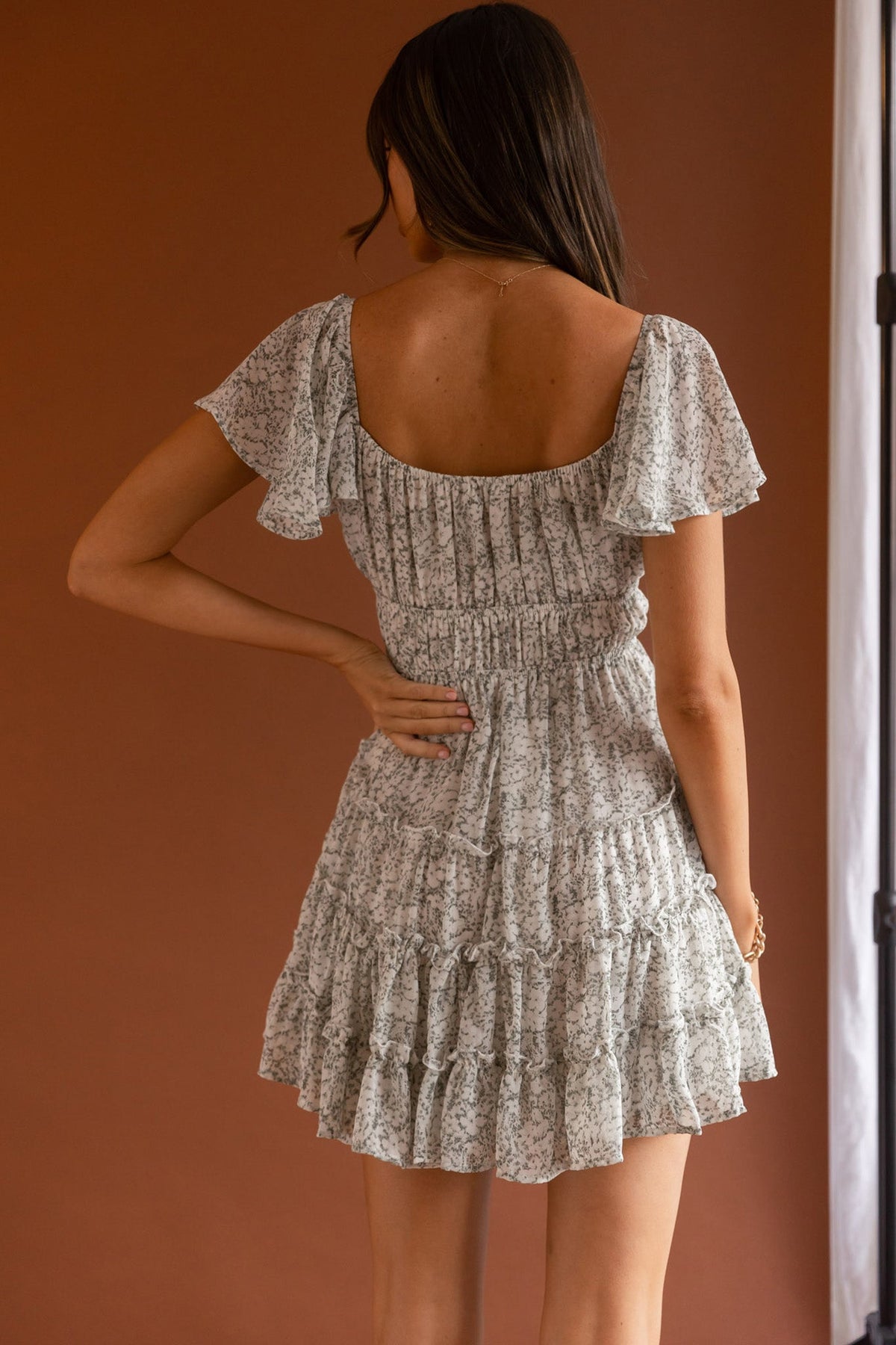 Josephina Lace-Up Front Flutter Sleeve Dress Floral Print Sage