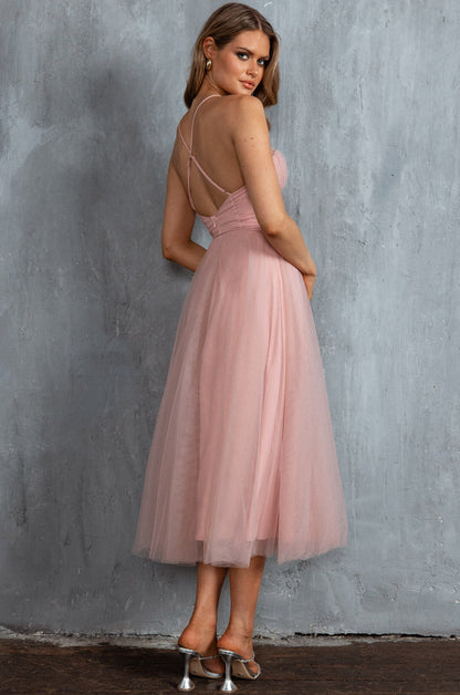 Smitten Sweetheart Neckline Chiffon Midi Dress Blush