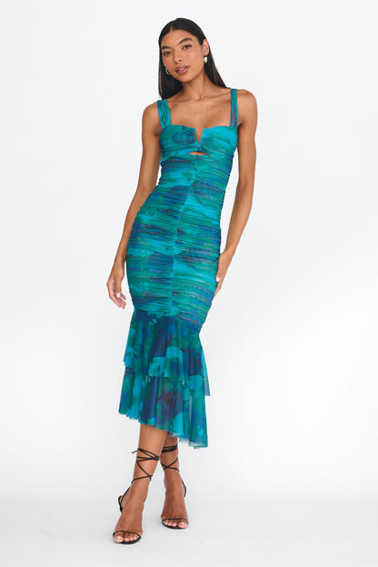 Nadia Ruched Fishtail Midi Dress Abstract Green