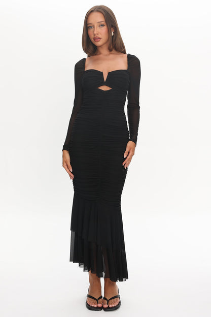 Nadia Long Sleeve Fishtail Midi Dress Black
