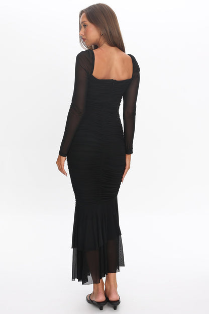 Nadia Long Sleeve Fishtail Midi Dress Black