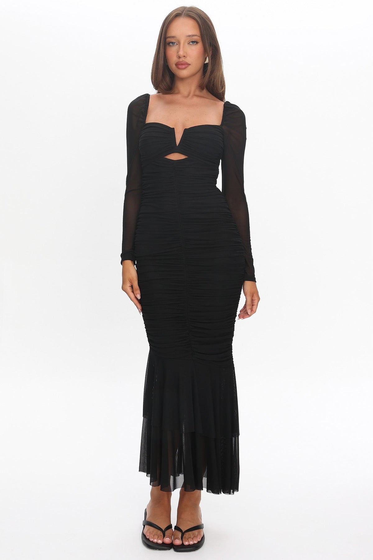 Nadia Long Sleeve Fishtail Midi Dress Black