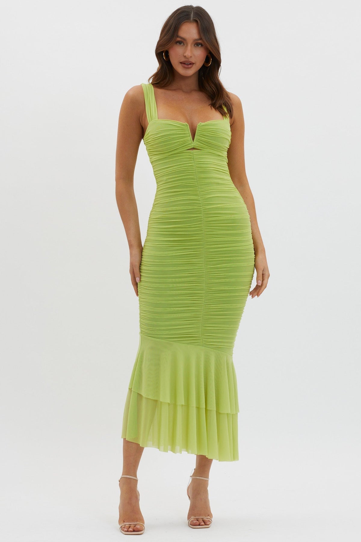 Nadia Ruched Fishtail Maxi Dress Lime