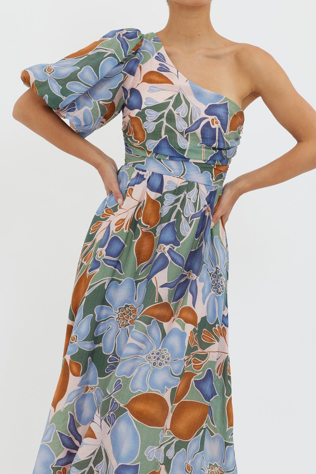 Jayni Puffed One Shoulder Midi Dress Blue