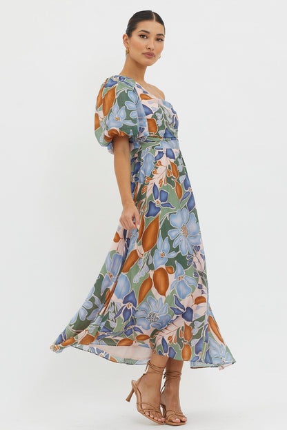 Jayni Puffed One Shoulder Midi Dress Blue
