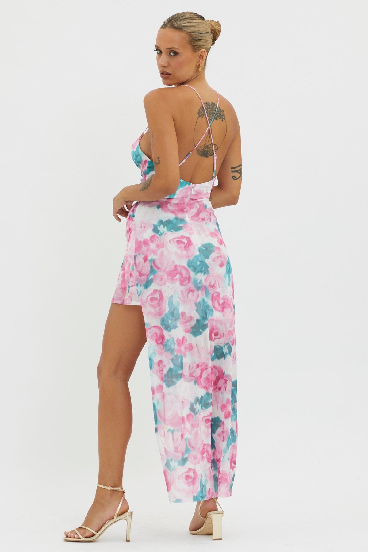 Check Mate Frill Trim Cut-Out Split Dress Floral Pink