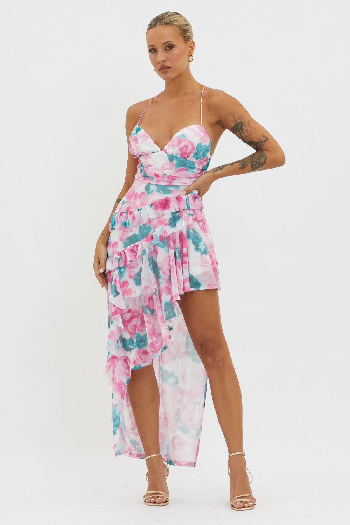 Check Mate Frill Trim Cut-Out Split Dress Floral Pink