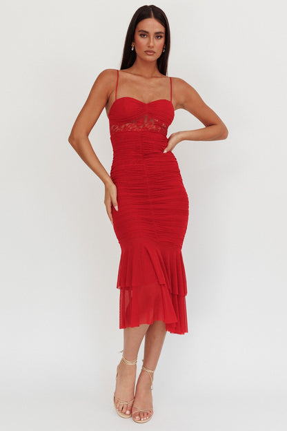 Cherubim Lace Insert Ruched Midi Dress Red