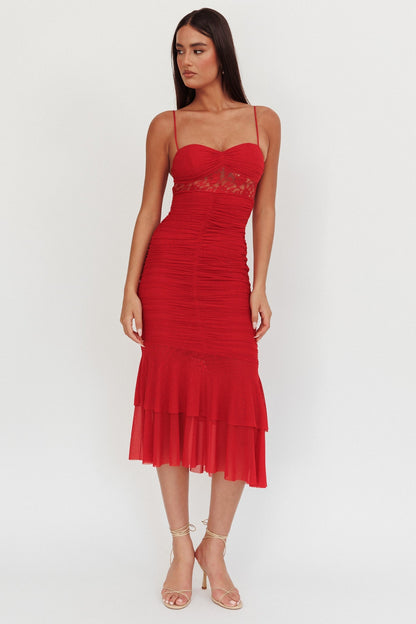 Cherubim Lace Insert Ruched Midi Dress Red