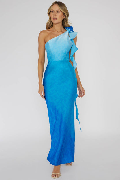 Mariyan One Shoulder Rose Maxi Dress Blue