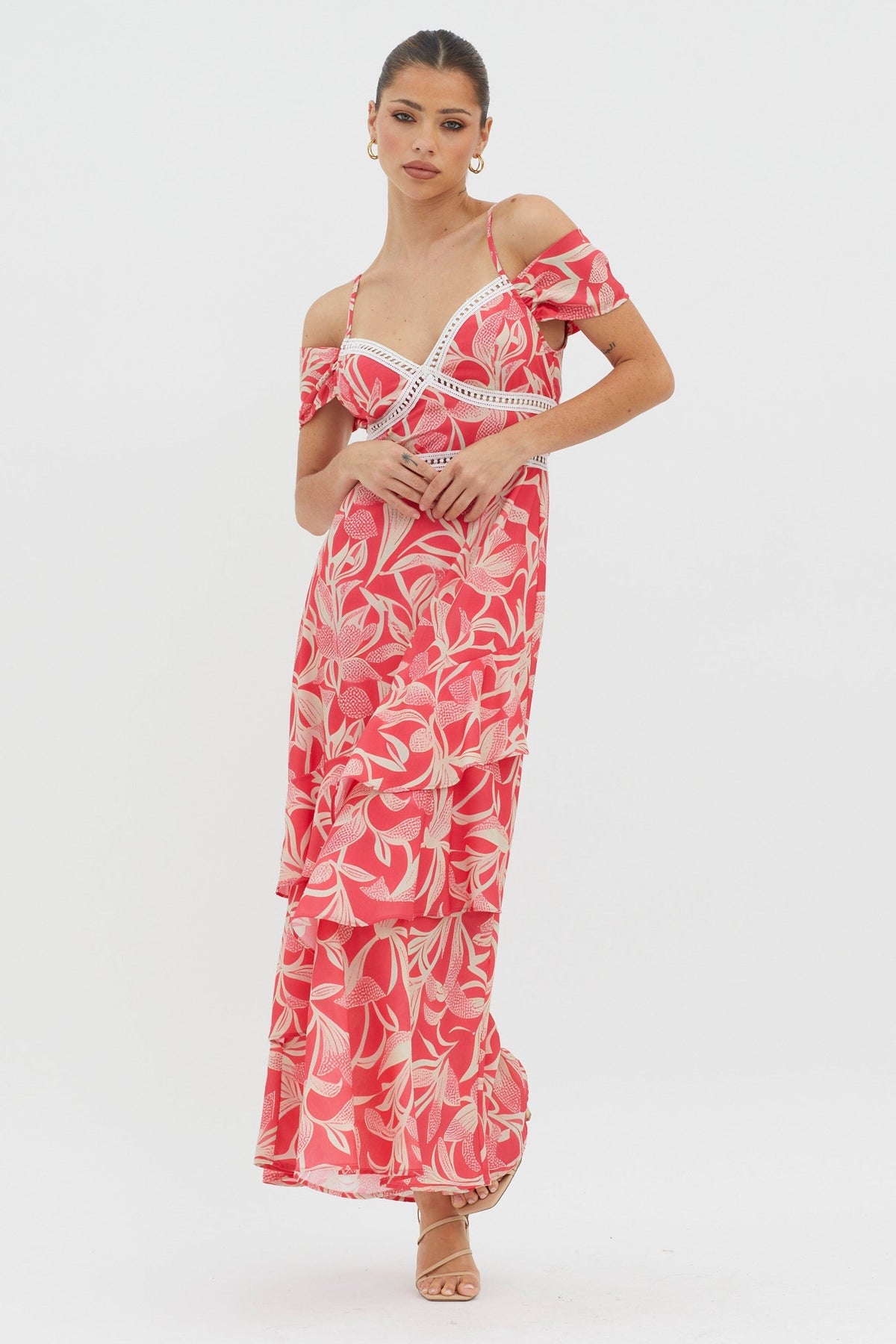 Seina Off-Shoulder Crochet Trim Dress Print Red