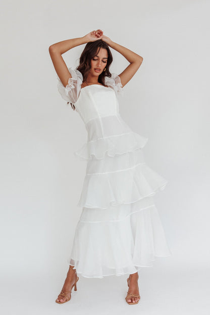 Delwynn Puff Sleeve Layered Midi Dress White