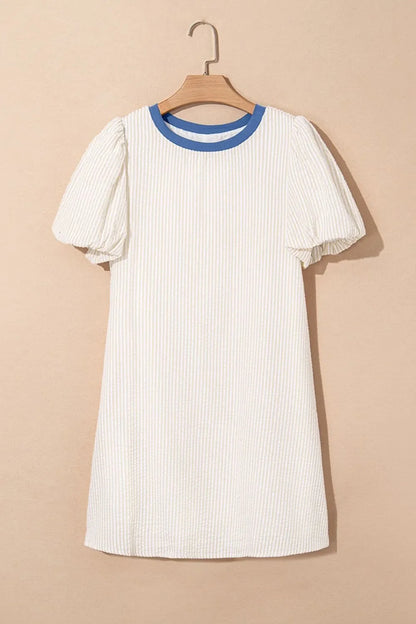Stripe Seersucker Contrast Round Neck Puff Sleeve T Shirt Dress