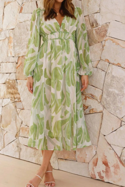 Printed V-Neck Long Sleeve Midi Dress