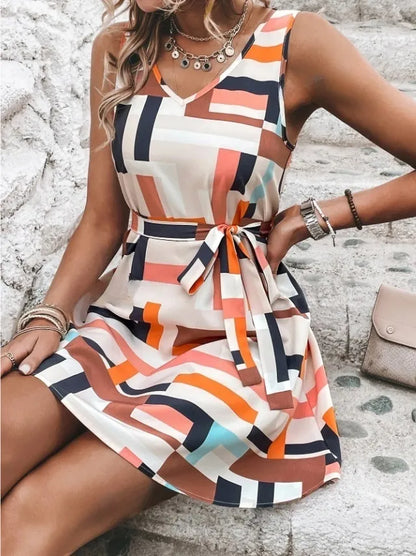 Geometric Print Sleeveless Mini Dress with Belt