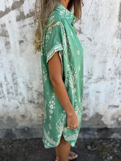 Full Size Printed Short Sleeve Button-Up Shirt Dress Plus Size