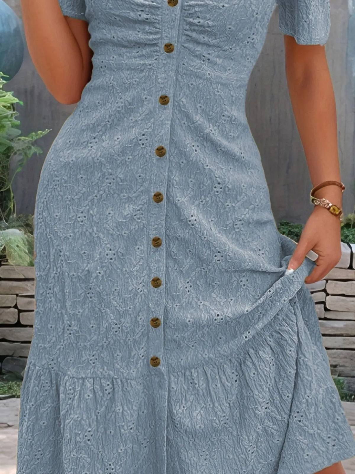 Eyelet Button Front V-Neck Midi Dress