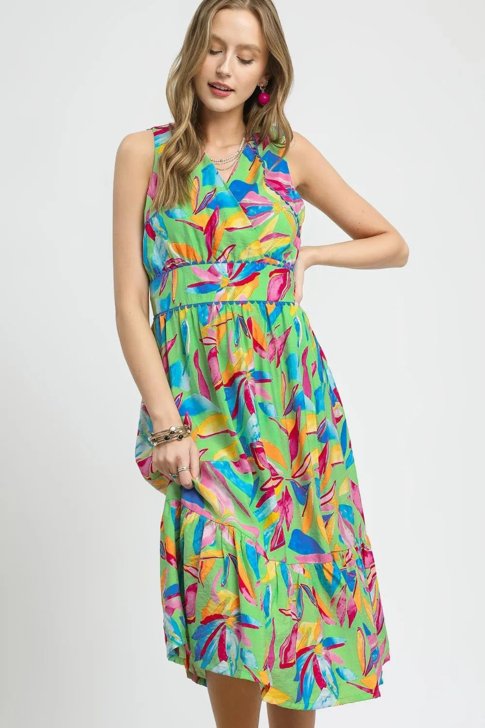 Umgee Ruffled Hem Printed Sleeveless Midi Dress