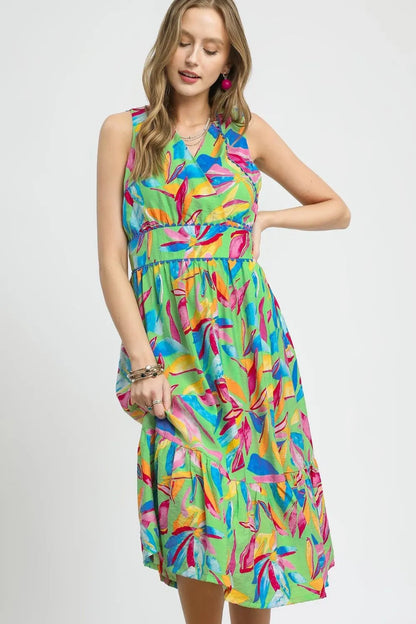 Umgee Ruffled Hem Printed Sleeveless Midi Dress