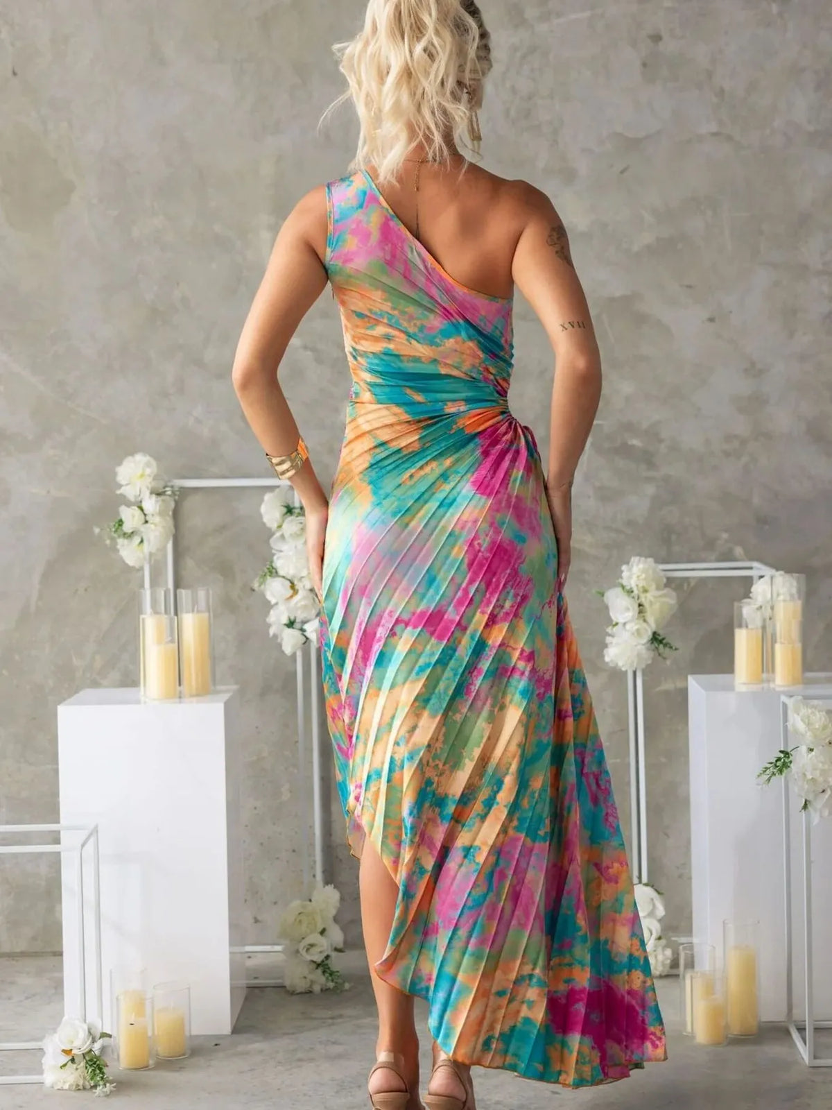 Printed One Shoulder Asymmetrical Maxi Dress