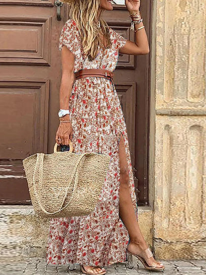 Full Size Printed V-Neck Short Sleeve Maxi Dress Plus Size