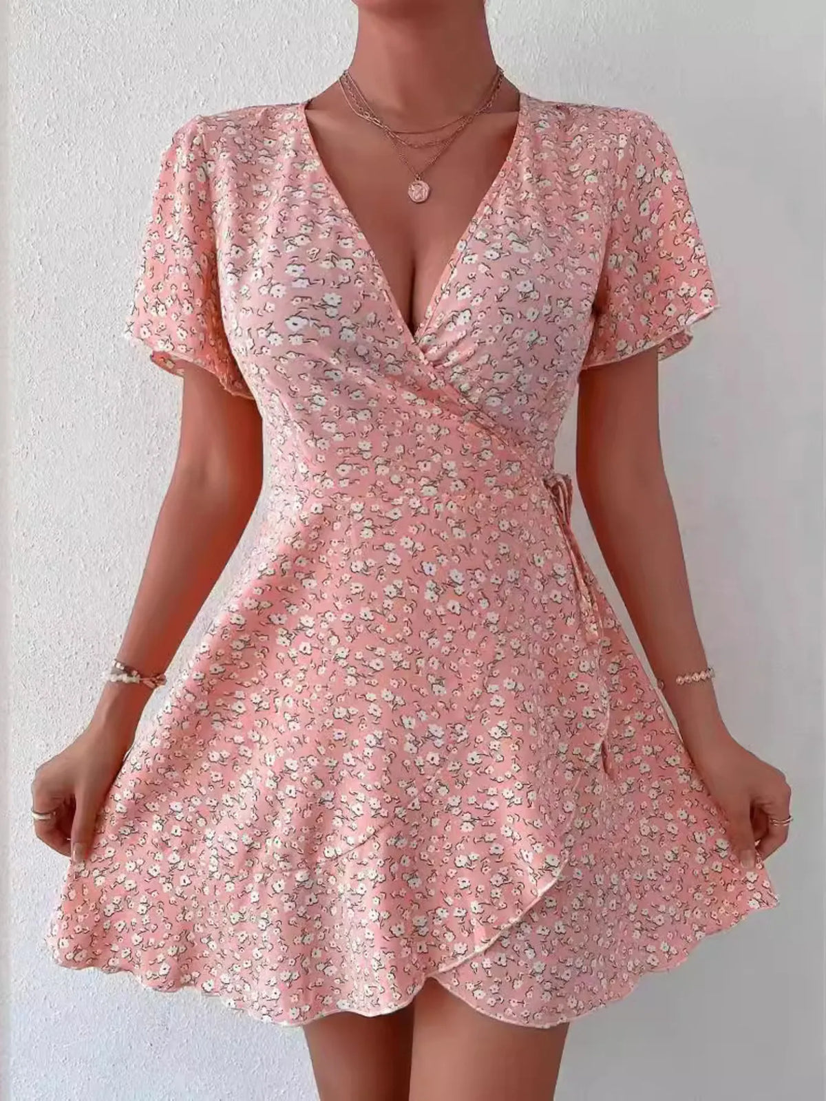 Floral Flutter Sleeve Wrap Mini Dress