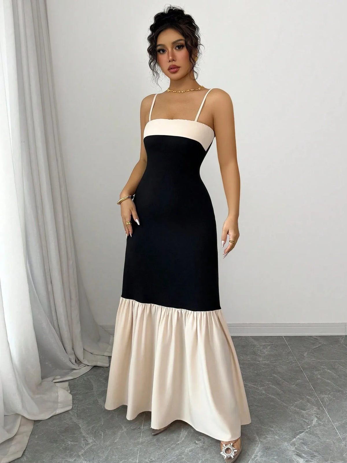 Two-Tone Spaghetti Strap Maxi Dress