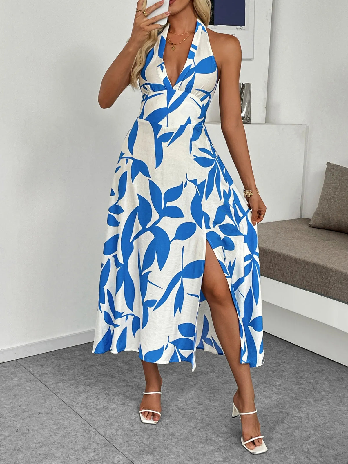 Leaf Print Halter Neck Midi Dress