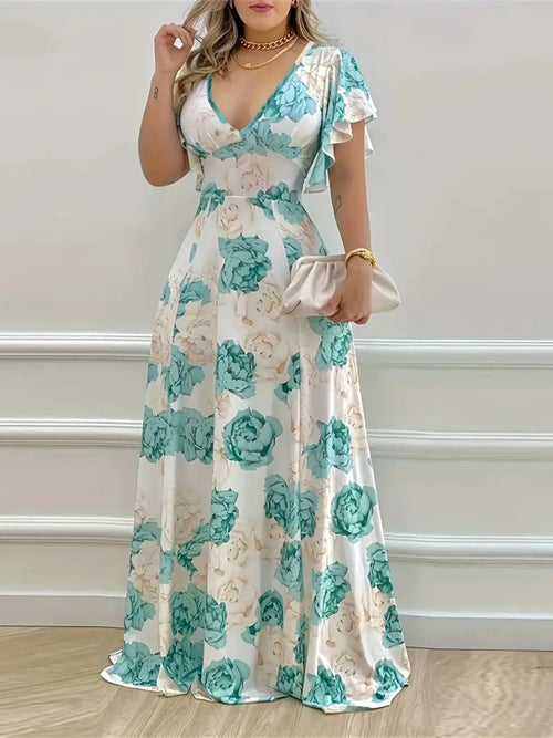 Plus Size Floral Print V-Neck Maxi Dress with Flutter Sleeves