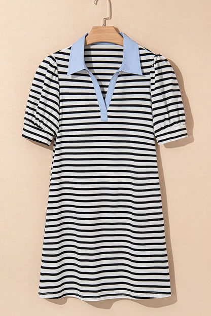 Stripe Contrast V Neck Collared Puff Sleeve T Shirt Mini Dress with Pockets