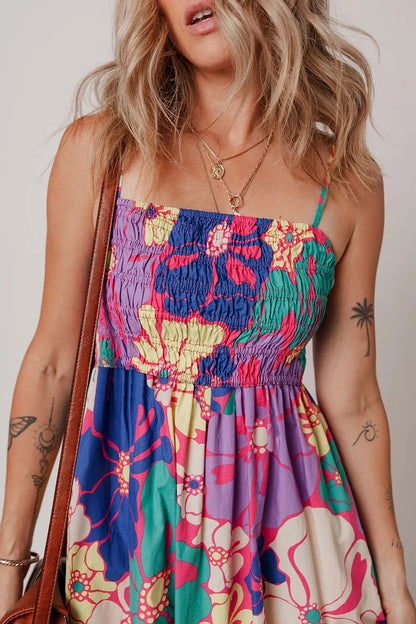 Floral Print Shirred Spaghetti Strap Loose Maxi Dress