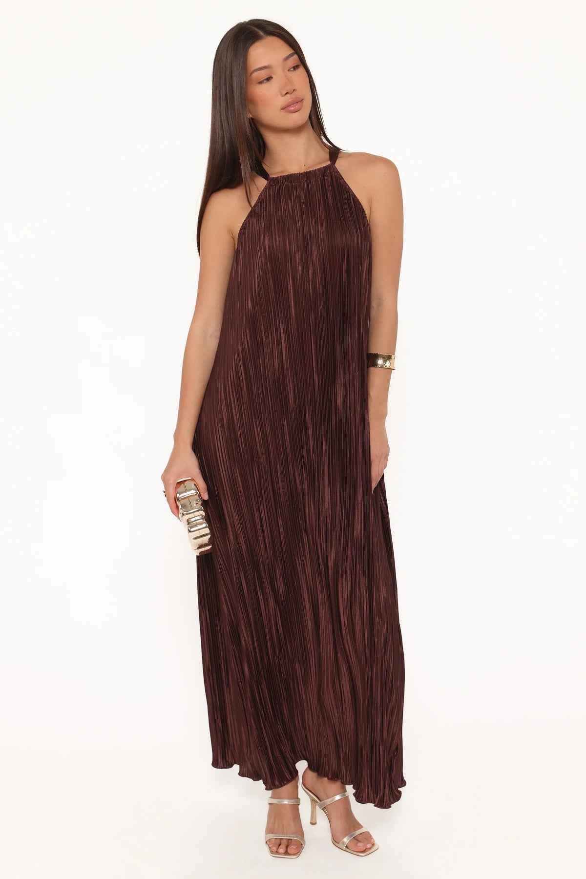 Melody Plisse Halter Maxi Dress - Brown
