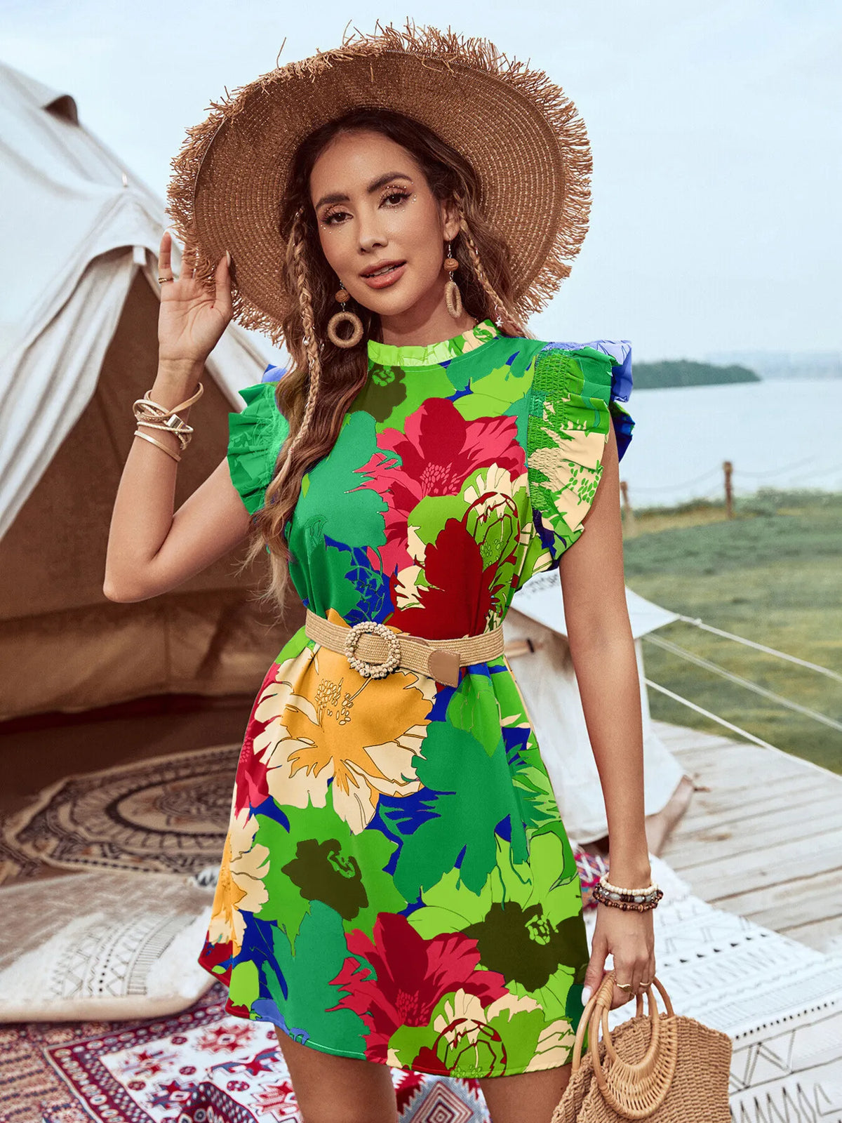 Printed Ruffled Cap Sleeve Mini Dress