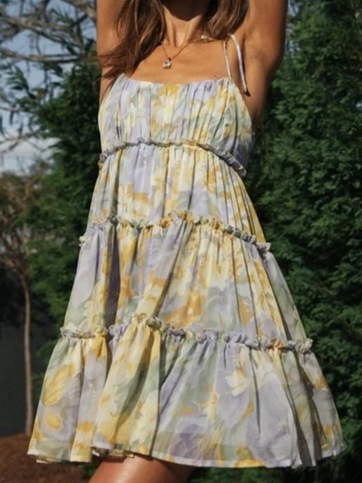 Printed Tie-Strap Tiered Mini Dress