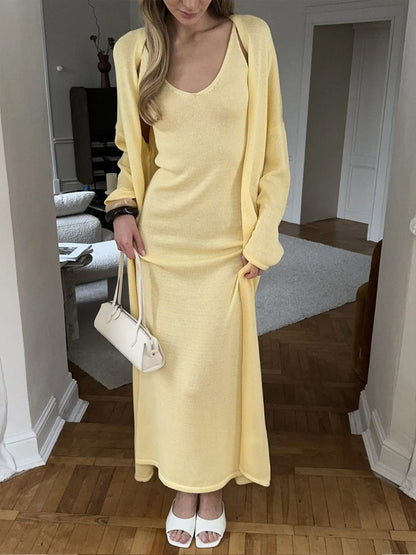 V-Neck Knit Dress and Cardigan Sweater Set