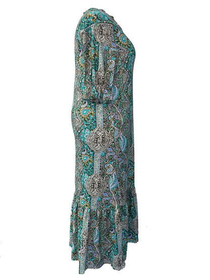 Full Size Bohemian Paisley Print Ruffle Hem Midi Dress Plus Size
