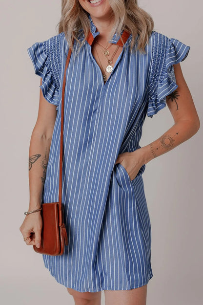 Stripe Frilly Split Neck Shirred Ruffle Sleeve Short Shift Dress