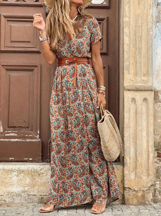 Full Size Printed V-Neck Short Sleeve Maxi Dress Plus Size