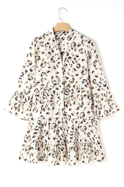 Leopard Print Buttoned Front 3/4 Sleeve Tiered Ruffled Hem Dress