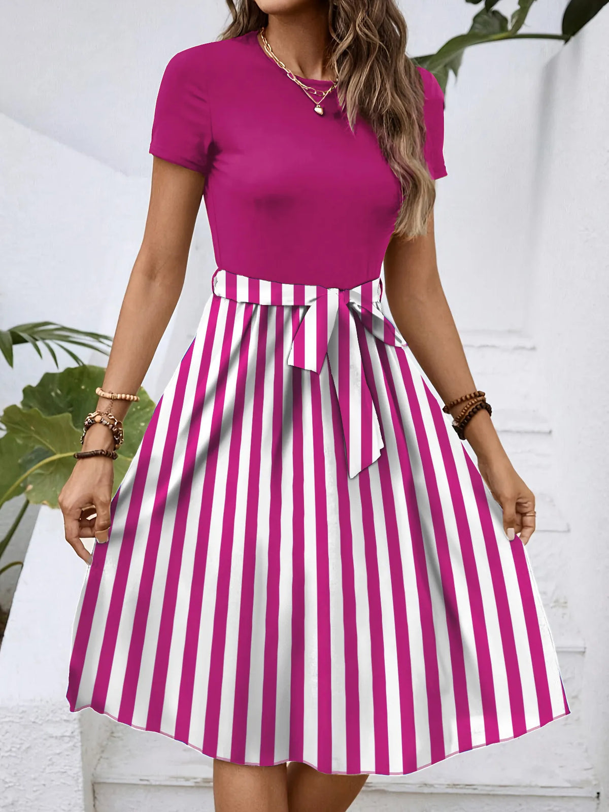 Striped Round Neck Short Sleeve Dress