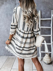 V-Neck Lace Trim Striped Babydoll Dress