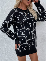 Smiley Polar Bear Knit Sweater Dress - Black