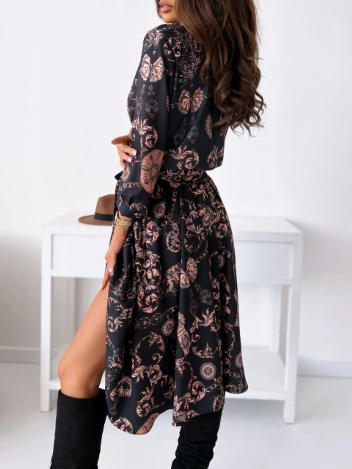 Printed Tie Waist Midi Dress