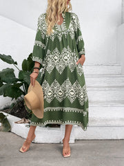 Printed Notched Midi Dress with Pockets