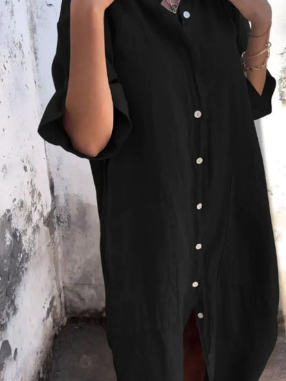 Full Size Casual Linen Button-Down Shirt Dress Plus Size