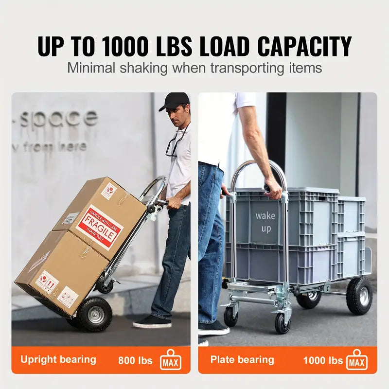 Aluminum Folding Trolley, 4 in 1 Design, 1000 lbs Load Capacity, Heavy Duty Industrial Foldable Trolley, Transporter with Rubber Wheels, Suitable for Transport and Moving in Warehouse, Supermarket, Garden