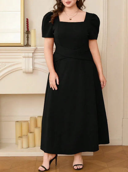 Plus Size Square Neck Puff Sleeve Midi Dress