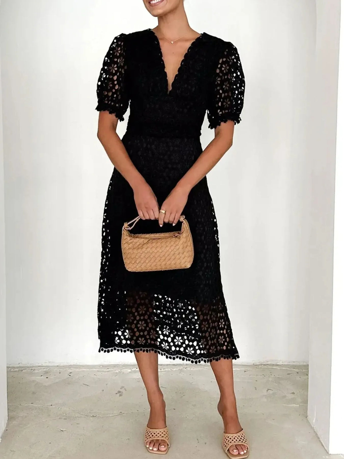 Eyelet Lace V-Neck Midi Dress with Puff Sleeves
