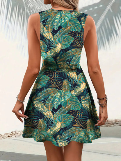 Tropical Print V-Neck Sleeveless Summer Dress