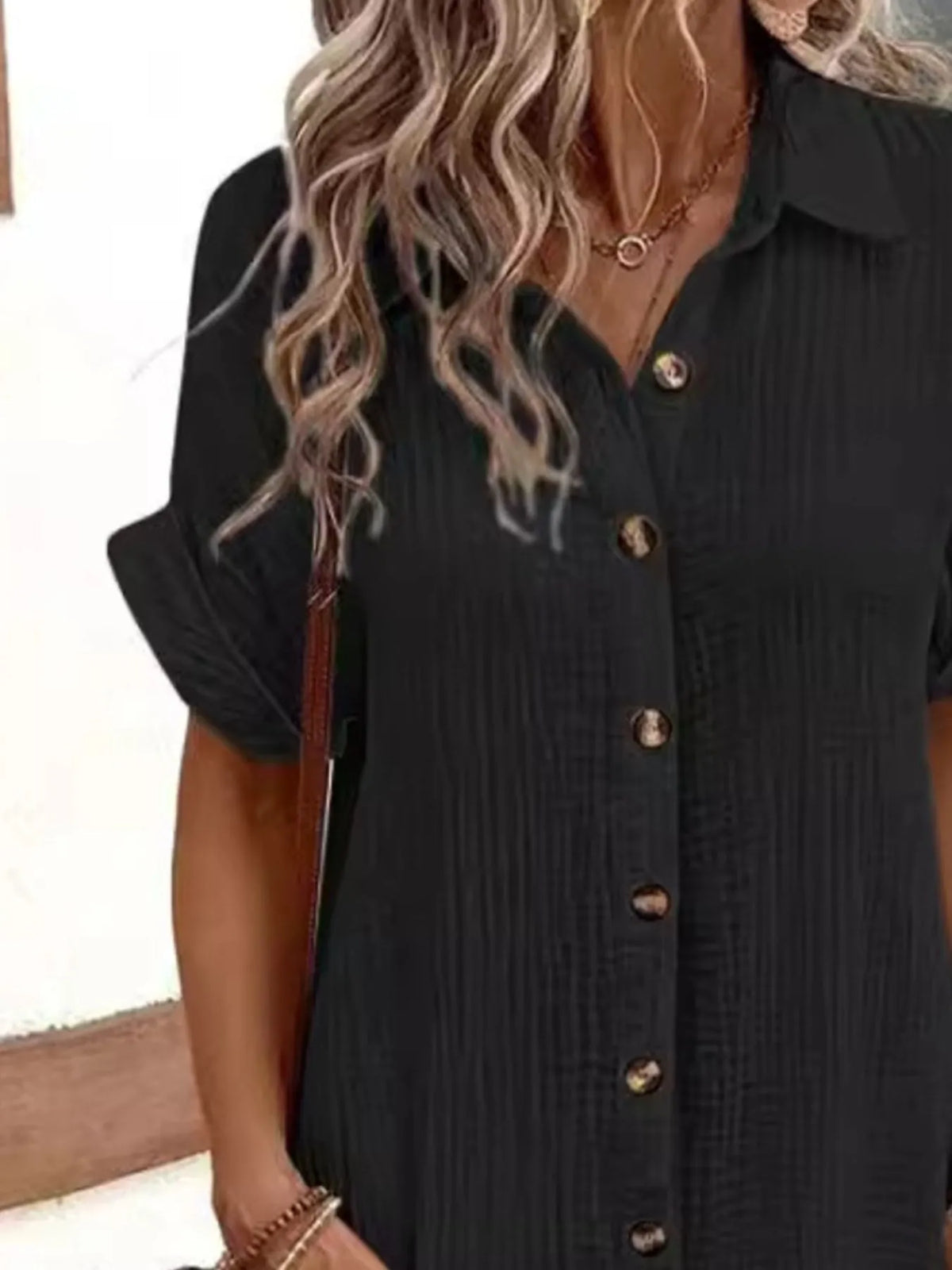 Casual Button Down Cotton Shirt Dress with Pockets